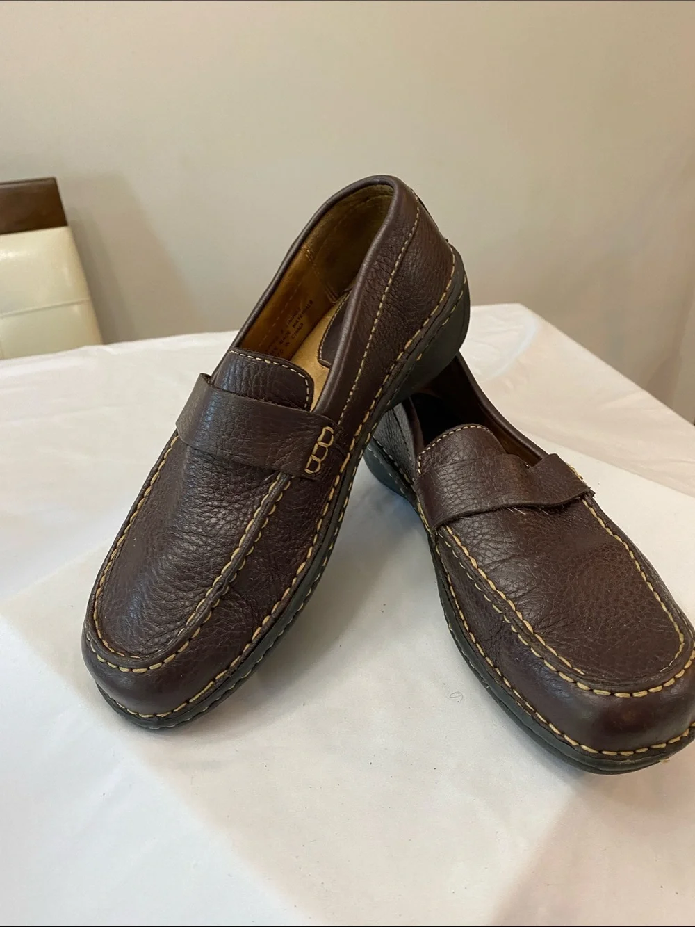 Born Dark Brown Leather Penny Loafers with Contrast Stitching